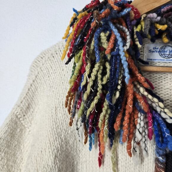 The Sweater Venture Hand Knit Wool Alpaca Cardigan Ivory Multi Fringe Zip Front - Picture 8 of 15